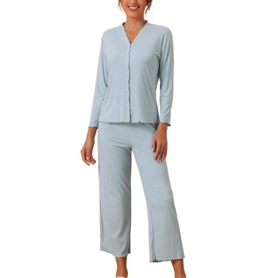 cheibear Women's Long Sleeve Button Down Top with Pants Pajama Sets 2 Pcs
