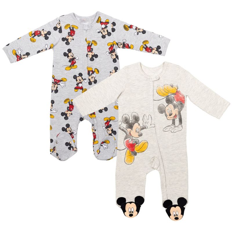 Disney Mickey Mouse Footed Baby 2 Pack Zip Up Sleep N' Play Coveralls Newborn to Infant, 1 of 9