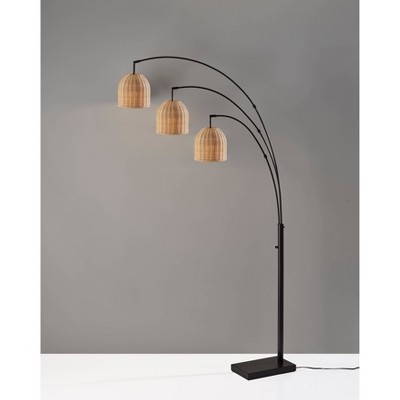 Bahama 82" Dark Bronze 3-Arm Arc Floor Lamp with Rattan Shades