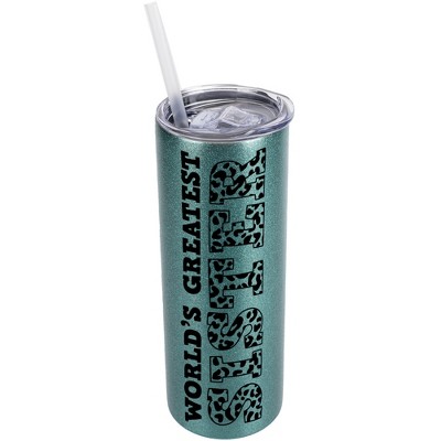 Elanze Designs Leopard Pattern Turquoise Blue 20 Ounce Double Wall Stainless Steel Glitter Travel Tumbler With Sliding Lid And Straw, World's Greatest