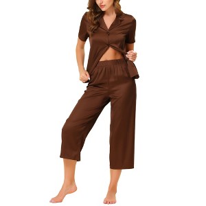 cheibear Women's Soft Satin Button Down with Capri Pants Lounge Pajama Set - 1 of 4