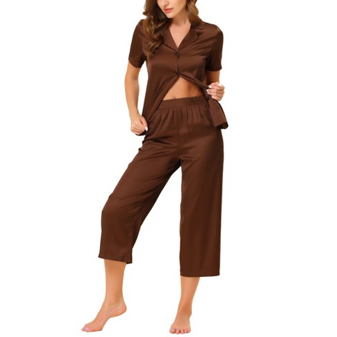 cheibear Womens Pajama Sleepwear Button Down with Capri Pants Satin Lounge  Pjs Set Brown Medium