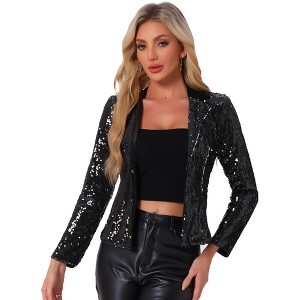 INSPIRE CHIC Women's Velvet Contrast Collar Shiny Metallic Cropped Sequin Blazers - 1 of 4