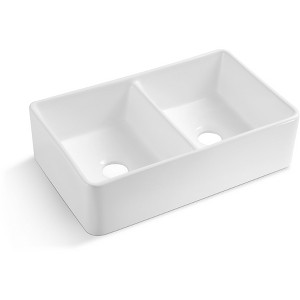 Gulches 32"x20" Double Basin Farmhouse Kitchen Sink with Basket Strainer, Heat/Stain/Scratch Resistant - 1 of 4