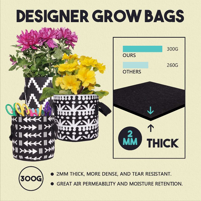 Darware Boho Black and White Grow Bags; 4pc Set Fabric Planter Pots in Geometric Design, 2 of 8