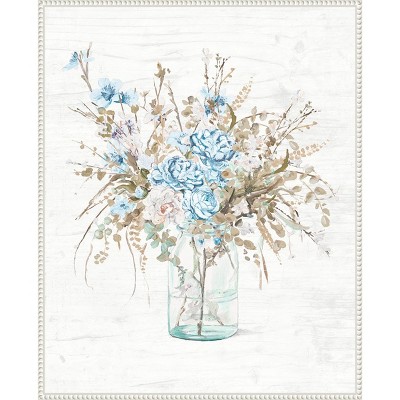 Blue Flowers in Glass Vase Canvas Wall Art with White Frame