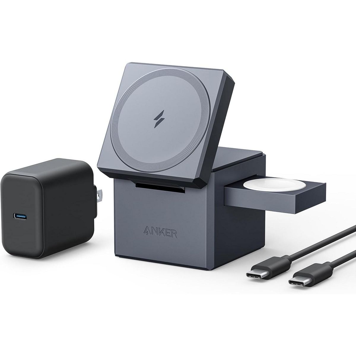 Refurbished Anker 3-in-1 Cube MagSafe 15W Charging Station, Wireless Charger, Desktop Stand for iPhone 17/16, Apple Watch, AirPods (Adapter Included)