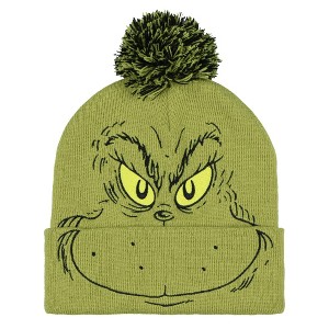 Dr. Seuss The Grinch Who Stole Christmas Embroidered Beanie Adult Cuff Knit Hat Green - 1 of 4