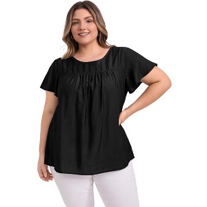 Women's Plus Size Toothpick Pleated Texture Crew Neck Ruffle Short Sleeve Casual Summer Blouses - GRACE & GRANDEUR - 1 of 4