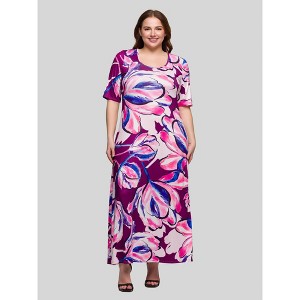 24seven Comfort Apparel Plus Size Purple Floral Print Elbow Sleeve Casual A Line Maxi Dress - 1 of 4