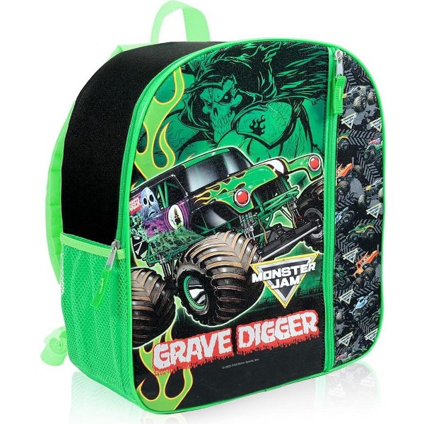 Mochila Monster Jam de 16 pulgadas para niños, Grave Digger, con bolsillo frontal y malla lateral, ligera 2