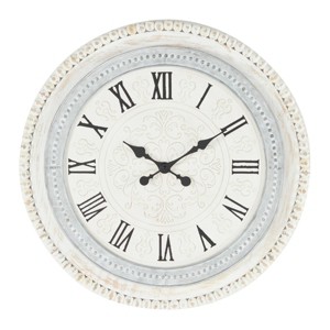 22"x22" Wood Carved Beading Wall Clock White - Olivia & May: Silent, Farmhouse Style, Roman Numerals - 1 of 4