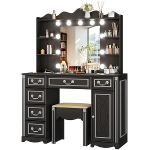 Fredees Vanity Desk: Large Mirror, Lights, Charging Station, 6 Drawers, Makeup Dressing Table with Storage Stool - 1 of 4