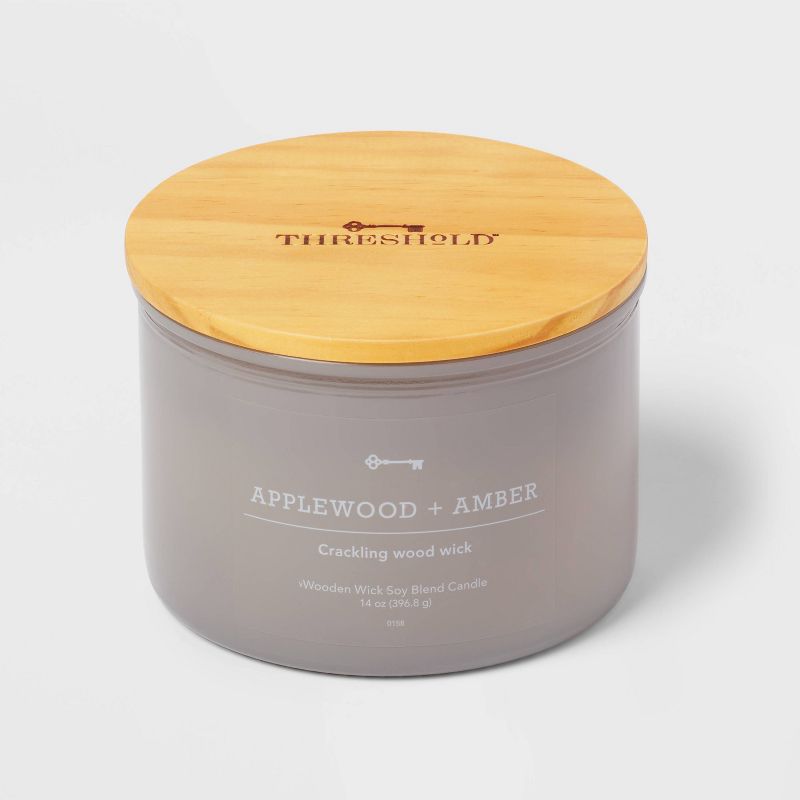 14oz Lidded Gray Glass Jar Crackling Wooden 3-Wick Candle with Clear Label Applewood + Amber - Threshold&#8482;, 1 of 5