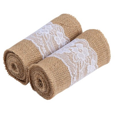 Genie Crafts 2 Pack Burlap Tablecloth Runner, Jute Fabric Roll with Lace Edges, 5.9" x 2 yd