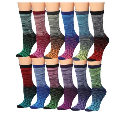 Tipi Toe Women's 12 Pairs Socks For Women Crew Lightweight Colorful Ombre Stripes & Ministripes Patterned Crew Socks