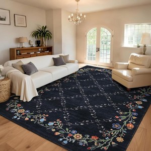 8x10 Black Washable Floral Area Rug, Modern Low Pile Non-Slip Carpet for Living Room & Bedroom, Soft Indoor Floor Mat - 1 of 4