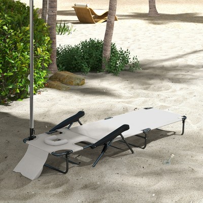 Cream White Mesh Fabric Reclining Outdoor Chaise Lounge Chair with Arms