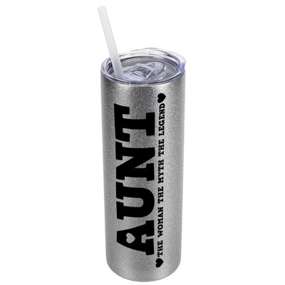 Elanze Designs Silvertone Sparkle 20 Ounce Double Wall Stainless Steel Glitter Travel Tumbler With Sliding Lid And Straw, Aunt The Woman The Myth The