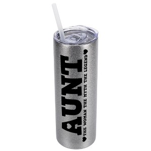 Elanze Designs Silvertone Sparkle 20 Ounce Double Wall Stainless Steel Glitter Travel Tumbler With Sliding Lid And Straw, Aunt The Woman The Myth The - 1 of 4
