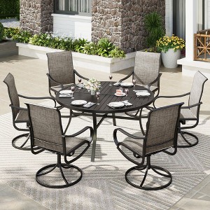 Captiva Designs 7pc Black Round Slatted Steel Table with Umbrella Hole & Textilene Swivel Chairs - 1 of 4