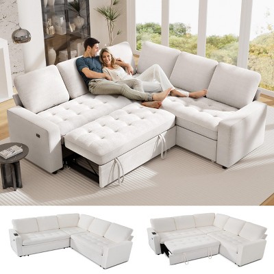 Dyonery Sleeper Sofa with Pull Out Bed/Reclining Backrest/USB Ports/Table/LED Light/Storage Seat, 8 Seat Large U Shaped Sectional Couch