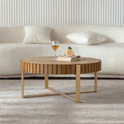 Vynxaria Handcrafted Round Two-Ply Coffee Table ?¡§C Olive-Shaped, Sturdy Pedestal Design for Living Room