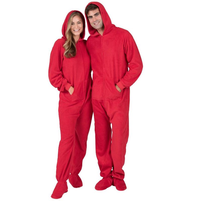 Footed Pajamas - Bright Red Adult Hoodie Fleece Onesie, 1 of 5