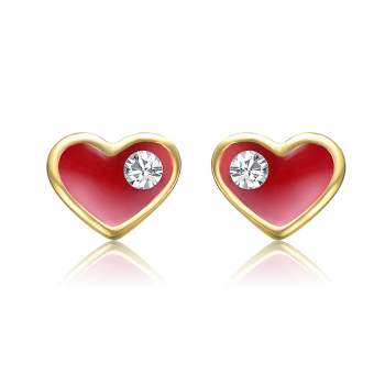 14k Gold Plated Clear Crystal & Red Enamel Heart Stud Earrings