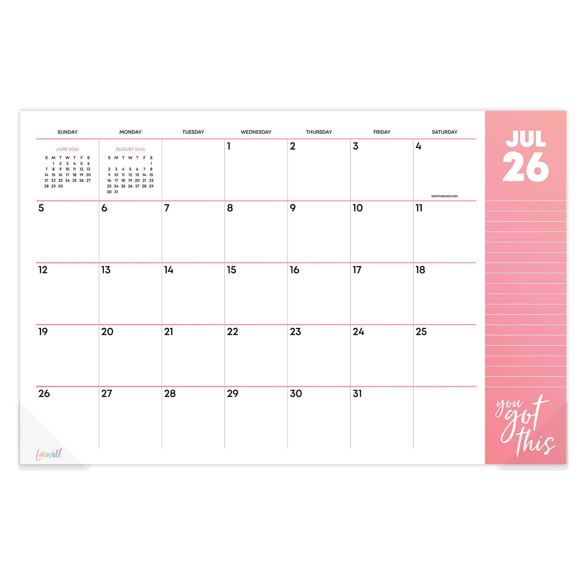 LiveWell 17"x11" 2026-2027 Desk Pad Planning Monthly Calendar Livewell Colors Glued