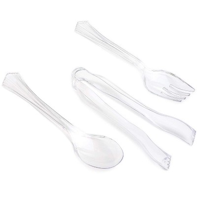 Sparkle and Bash 24-Piece Disposable Serving Utensils, Large Plastic Salad Spoons/ Forks/ Tongs for Catering Parties Banquet Wedding, Clear