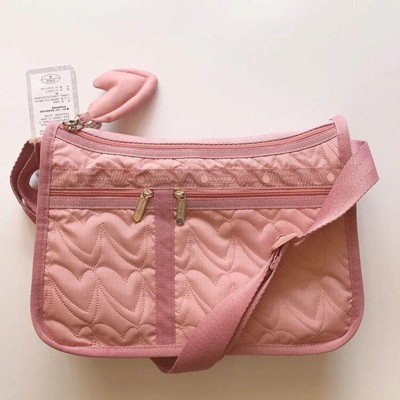 Paaaawaters Lightweight Quilted Nylon Crossbody Bag Adjustable Strap Multiple Zip Pockets Pink