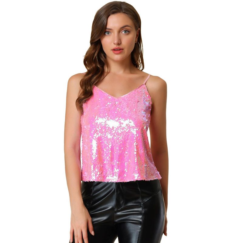Allegra K Women's Sequined Shining Adjustable Straps Club Party Sparkle Cami Top, 1 of 8