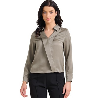 INSPIRE CHIC Women's Satin Collar V Neck Long Sleeve Office Dressy Blouse