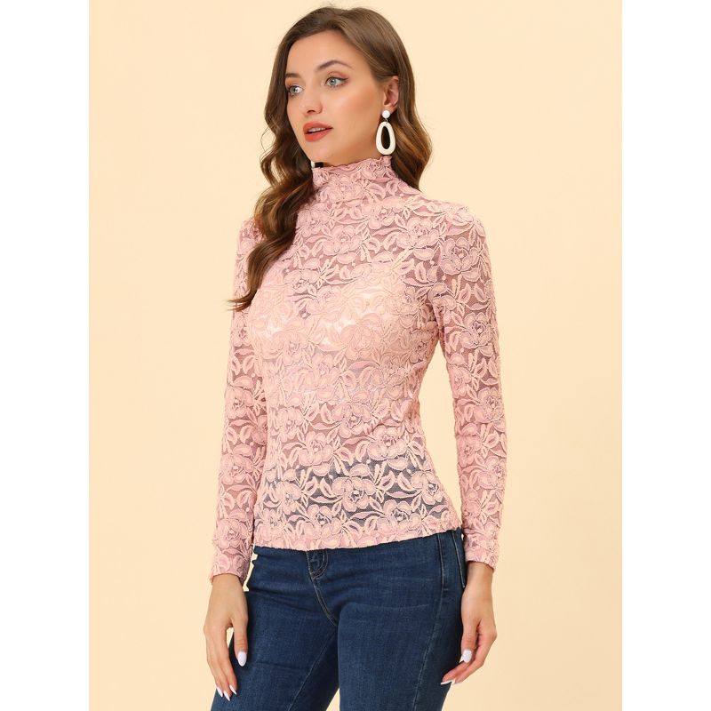 Allegra K Women's See-Through Long Sleeve Turtleneck Sheer Floral Lace Blouse, 2 of 6