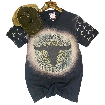 Women's Wo's Yellowstone Dutton Ranch Bleached V-Neck Tee - Blue Buttercup