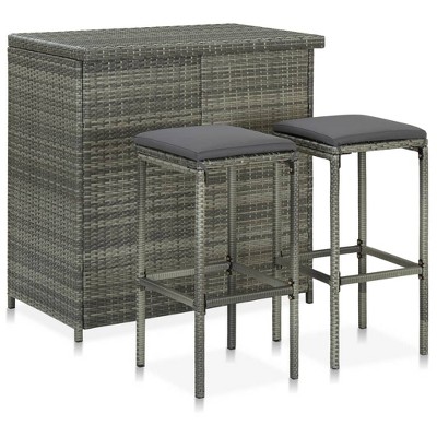 vidaXL Modern Lightweight Bar Set – Poly Rattan Grey – Durable Weather-Resistant, Stylish 3-Piece Bistro Set with Seat Cushion and Additional Footrest