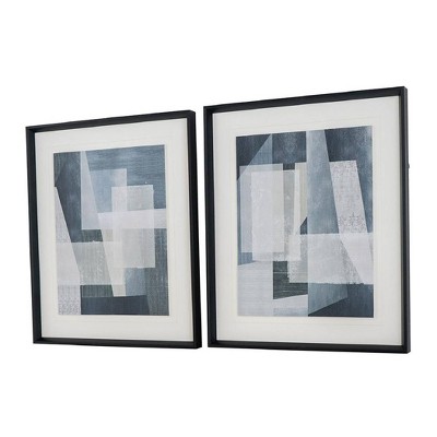 Set of 2 Blue Geometric Abstract Canvas Prints with Black Frames
