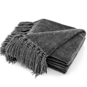 Itopfox Soft Cozy Chenille Throw Blanket with Fringe Tassel for Couch Sofa Chair Bed Living Room Gift in Dark Gray - 1 of 4