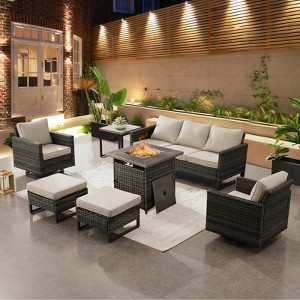 Buenhomino 7 Piece Wicker Outdoor Furniture Set with Comfy Cushions, High Back Patio Furniture Set with Swivel Rocking Chairs and Fire Pit Table - 1 of 4