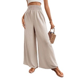 Womens Wide Leg Pants Casual Flowy Elastic Waist Palazzo Pant Dressy Long Lounge - 1 of 4