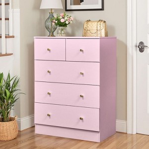 Karl Home 5-Drawer Dresser for Bedroom and Chest of Drawers with Sturdy Construction Wood Storage Organizer for Closet pink - 1 of 4