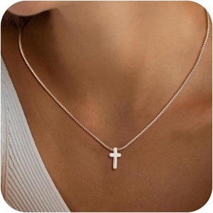 14K Gold/Silver Cross Necklace, CZ Box Chain with Pearl Beads, Minimalist Everyday Jewelry Gift for Women - 1 of 4