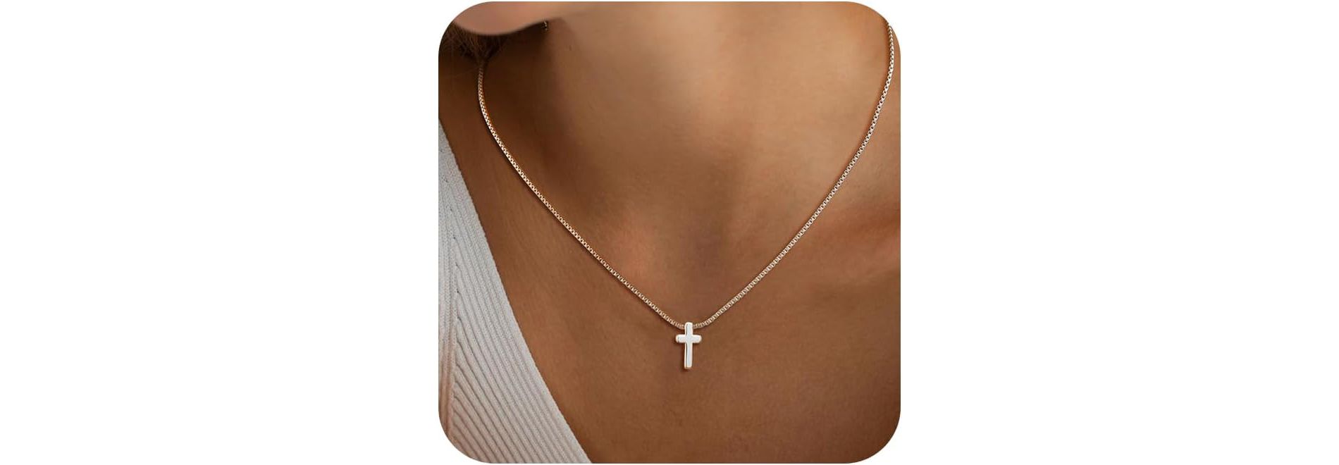 14K Gold/Silver Cross Necklace, CZ Box Chain with Pearl Beads, Minimalist Everyday Jewelry Gift for Women