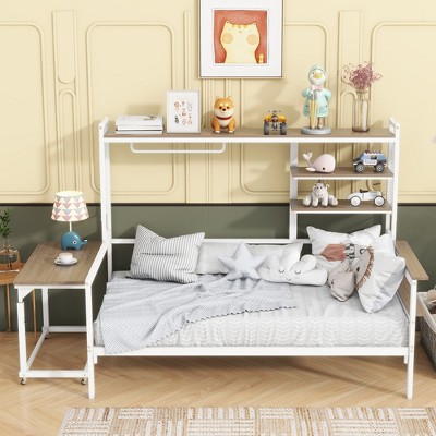 Full/Twin Size Metal Daybed, Platform Bed Frame with Movable Desk, Metal Grid, Shelves -ModernLuxe