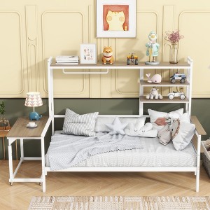 Full/Twin Size Metal Daybed, Platform Bed Frame with Movable Desk, Metal Grid, Shelves -ModernLuxe - 1 of 4