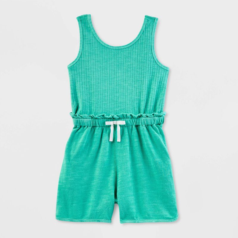 Girls&#39; Adaptive Abdominal Access Sleeveless Ribbed French Terry Romper - Cat &#38; Jack&#8482; Turquoise Green, 1 of 5