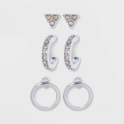 Cubic Zirconia Triangle Stud and Huggie Earring Set - A New Day™ Silver