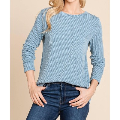 Women's Long Sleeve Ribbed Front Pocket Top - BOMBOM