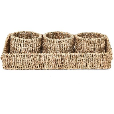 4-Piece Set Round Woven Seagrass Wicker Nesting Storage Bin Basket Box Set Container with Rectangle Tray, Brown